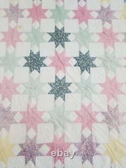 Vintage Feed Sack Hand Stitched Eight Point Star Pattern Quilt 85x72 inch