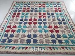 Vintage Feed Sack Multicolor Bear Claw Hand Stitched Quilt 85x84 in