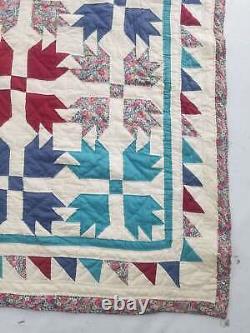 Vintage Feed Sack Multicolor Bear Claw Hand Stitched Quilt 85x84 in