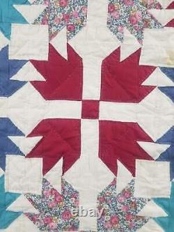 Vintage Feed Sack Multicolor Bear Claw Hand Stitched Quilt 85x84 in