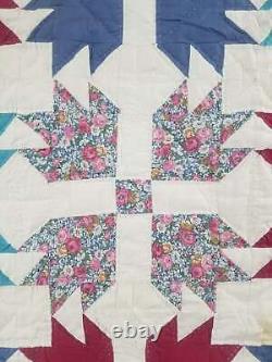 Vintage Feed Sack Multicolor Bear Claw Hand Stitched Quilt 85x84 in