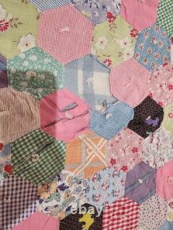Vintage Feed Sack Quilt Honeycomb Hexagon Handmade Hand Stitched For Rescue