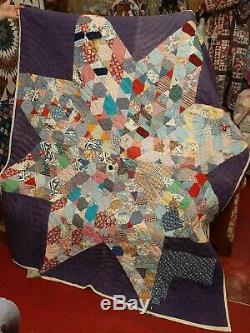Vintage Feedsack 1940'S Hand Made Star Quilt 70.5 X 82 Inches