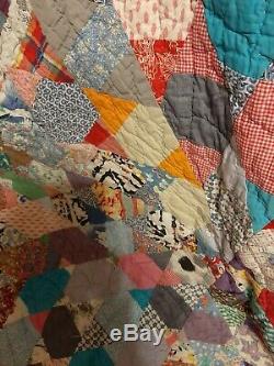 Vintage Feedsack 1940'S Hand Made Star Quilt 70.5 X 82 Inches