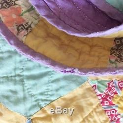 Vintage Feedsack Quilt Blanket Scalloped Hand Sewn Handmade 82 X 90