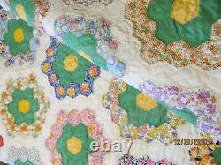 Vintage Feedsack Quilt-Grandmothers Flower Garden-Hand Quilted/Sewn