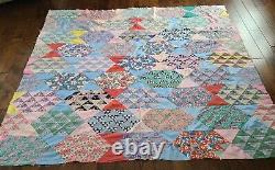 Vintage Feedsack Quilt Top Great Color Hand Stitched Machine Stitched