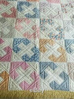 Vintage Feedsack Quilt, Yellow White Handmade Hand Pieced & Quilted, 76 x 68