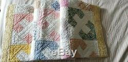 Vintage Feedsack Quilt, Yellow White Handmade Hand Pieced & Quilted, 76 x 68