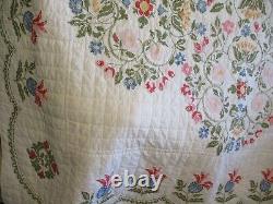 Vintage Floral Cross Stitch Quilt Handmade Hand Quilted 82 x 92