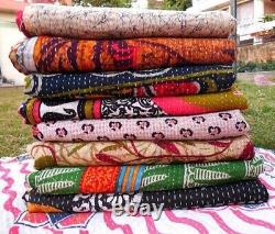 Vintage Floral Kantha Bedspread Indian Handmade Quilt Throw Cotton Blanket Twin