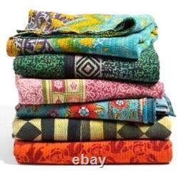 Vintage Floral Kantha Bedspread Indian Handmade Quilt Throw Cotton Blanket Twin
