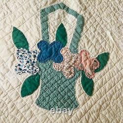 Vintage Flower Floral Spring Basket Hand Made Stitched Quilt 86 x 66 Queen