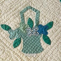 Vintage Flower Floral Spring Basket Hand Made Stitched Quilt 86 x 66 Queen
