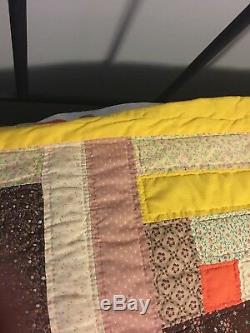 Vintage Full/Queen Handmade Patchwork Cotton Cabin Style Quilt Brown Multi-Color