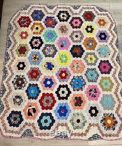 Vintage Grandma's Garden Floral Quilt Hand Sewn Patchwork Hand Pieced 93x73