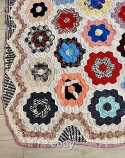 Vintage Grandma's Garden Floral Quilt Hand Sewn Patchwork Hand Pieced 93x73