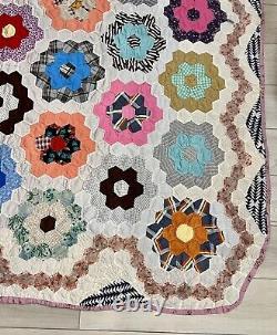 Vintage Grandma's Garden Floral Quilt Hand Sewn Patchwork Hand Pieced 93x73