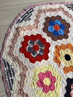 Vintage Grandma's Garden Floral Quilt Hand Sewn Patchwork Hand Pieced 93x73