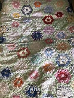 Vintage Grandmothers Flower Garden Cotton Handmade Feedsack Quilt