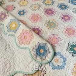 Vintage Grandmothers Flower Garden Quilt Feedsack Handmade Scalloped 76 X 90