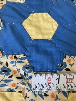 Vintage Grandmothers Flower Garden Yellow Handmade Quilt King 92 X 102