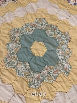 Vintage Grandmothers Flower Garden Yellow Handmade Quilt King 92 X 102