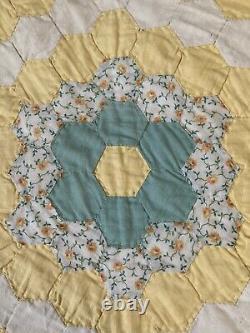 Vintage Grandmothers Flower Garden Yellow Handmade Quilt King 92 X 102