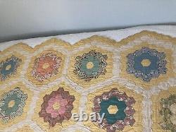 Vintage Grandmothers Flower Garden Yellow Handmade Quilt King 92 X 102