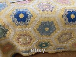 Vintage Grandmothers Flower Garden Yellow Handmade Quilt King 92 X 102