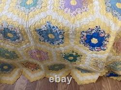 Vintage Grandmothers Flower Garden Yellow Handmade Quilt King 92 X 102