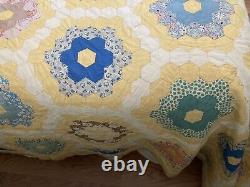 Vintage Grandmothers Flower Garden Yellow Handmade Quilt King 92 X 102