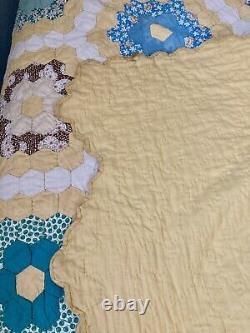 Vintage Grandmothers Flower Garden Yellow Handmade Quilt King 92 X 102