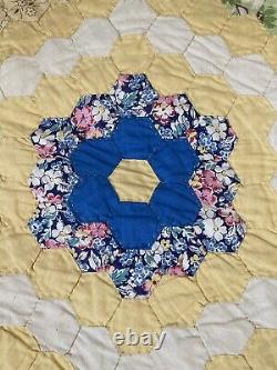 Vintage Grandmothers Flower Garden Yellow Handmade Quilt King 92 X 102