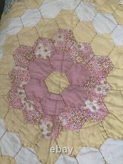 Vintage Grandmothers Flower Garden Yellow Handmade Quilt King 92 X 102