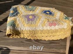 Vintage Grandmothers Flower Garden Yellow Handmade Quilt King 92 X 102