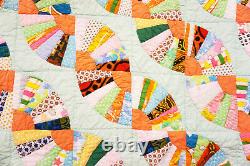 Vintage Green & Multi Color Quilt Fan Trail Pattern Hand Made & Quilted 1960's