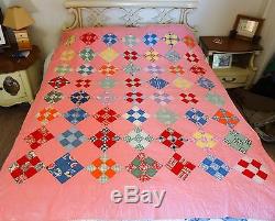 Vintage HAND MADE QUILT Pink 9 Patch with HUMILITY BLOCKS ca. 1950's or earlier
