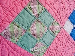 Vintage HAND MADE QUILT Pink 9 Patch with HUMILITY BLOCKS ca. 1950's or earlier