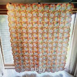 Vintage HAND QUILTED Double Wedding Ring 78 x 80 Quilt +2 Sack Pillowcases EUC