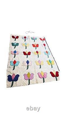 Vintage HAND SEWN QUILT vintage antique Handmade Cotton 72x59 flower tulips