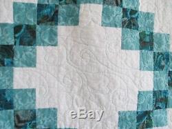 Vintage HANDMADE PATCHWORK QUILT, Irish Chain, KING 100 X 98, TEAL WHITE BEAUTY