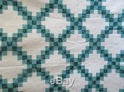 Vintage HANDMADE PATCHWORK QUILT, Irish Chain, KING 100 X 98, TEAL WHITE BEAUTY