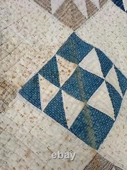 Vintage HANDMADE Patchwork Quilt, Very Old! Blue, White, Beige. 60x71. 1920's