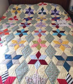 Vintage HANDMADE Quilt Beautiful Six 6 Point star pattern Multi-Color 84x96