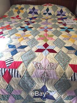 Vintage HANDMADE Quilt Beautiful Six 6 Point star pattern Multi-Color 84x96