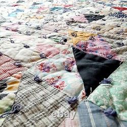 Vintage Half Square Triangle PATCHWORK QUILT Hand Made 80 X 84 Heavy Tufted