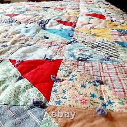 Vintage Half Square Triangle PATCHWORK QUILT Hand Made 80 X 84 Heavy Tufted