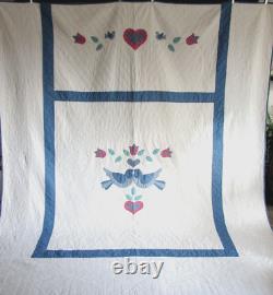 Vintage Hand Appliqué HAND QUILTED QUILT, BLUE BIRDS OF HAPPINESS, LARGE 94 X108