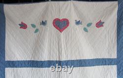 Vintage Hand Appliqué HAND QUILTED QUILT, BLUE BIRDS OF HAPPINESS, LARGE 94 X108